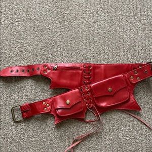 Red Leather Pocket Utility Belt Bag Fringe 32”-42”